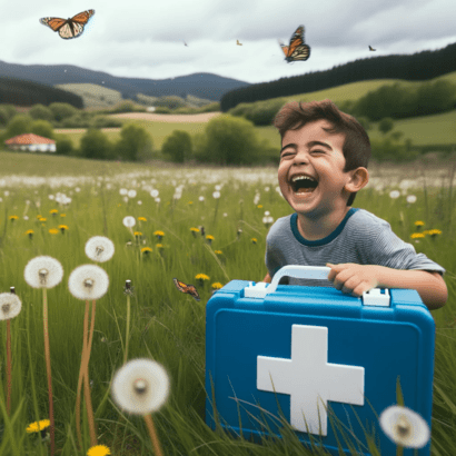 Happy boy playing and running away from butterfly carrying First Aid box